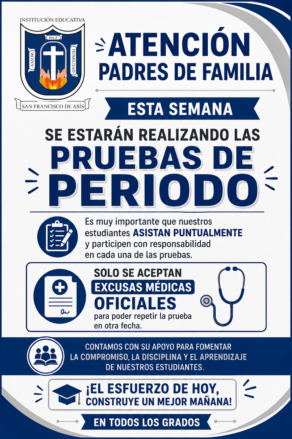 Atención, familias

Les recordamos que esta semana se realizarán las pruebas de período en todos los grados.

Es muy importante que los estudiantes asistan puntualmente, ya que solo se reprogramarán las evaluaciones en caso de presentar una excusa